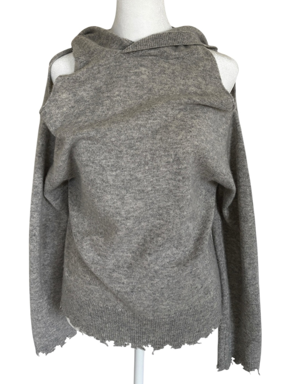 RtA Cashmerw Gray Off-Shoulder Distressed Knit Sweater